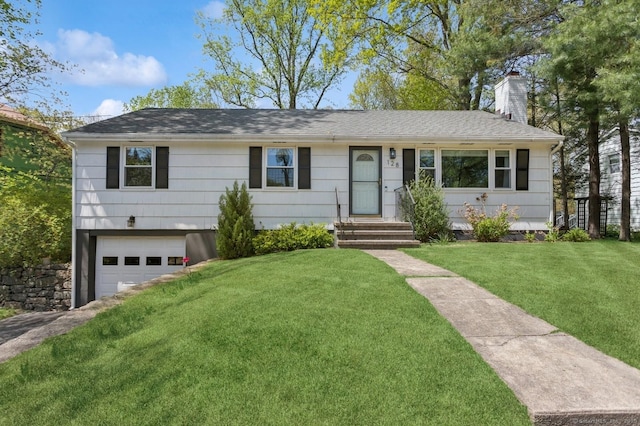 128 W Ave, Darien, CT 06820 - single story home with a garage, a chimney, a front lawn, driveway, and roof with shingles