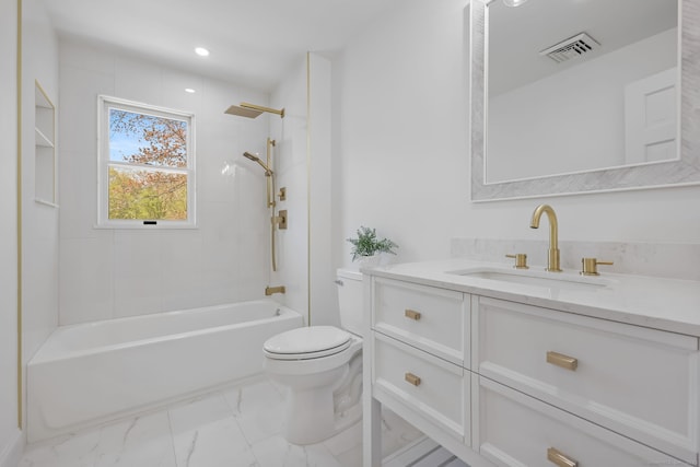 full bath featuring toilet, vanity, marble finish flooring, shower / bathtub combination, and recessed lighting