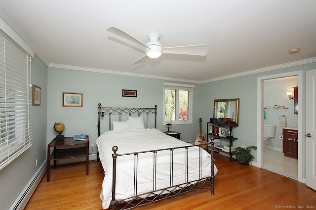 bedroom with crown molding, a baseboard radiator, a ceiling fan, and light wood finished floors