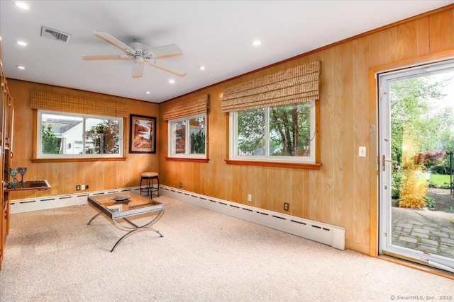 110 Deer Hill Ave, Danbury, CT 06810 - unfurnished room with a baseboard radiator, carpet floors, wood walls, healthy amount of natural light, and ceiling fan