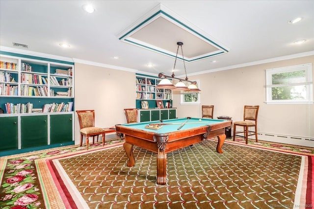 110 Deer Hill Ave, Danbury, CT 06810 - recreation room featuring billiards, a baseboard radiator, crown molding, recessed lighting, and carpet flooring