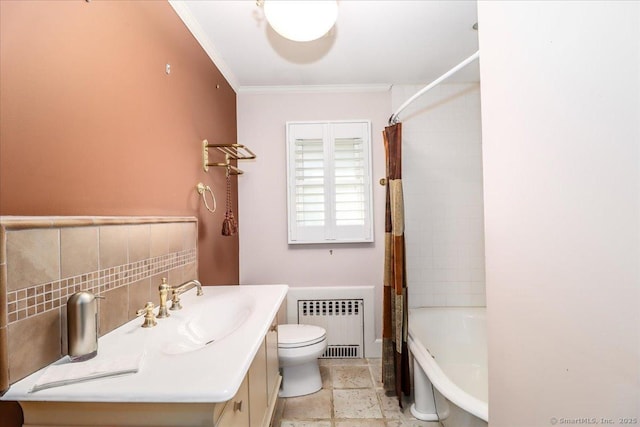 110 Deer Hill Ave, Danbury, CT 06810 - bathroom with radiator, toilet, crown molding, shower / bathtub combination with curtain, and vanity