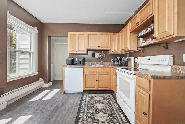 224 1st Ave, West Haven, CT 06516 - kitchen featuring white appliances, light brown cabinetry, wood finished floors, a sink, and a baseboard heating unit
