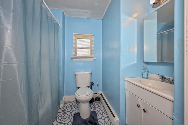 224 1st Ave, West Haven, CT 06516 - bathroom with baseboard heating, baseboards, toilet, vanity, and a shower with shower curtain