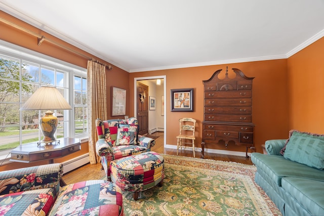 7 Partridge Ln, Burlington, CT 06013 - living room featuring ornamental molding, a baseboard radiator, wood finished floors, and a baseboard heating unit