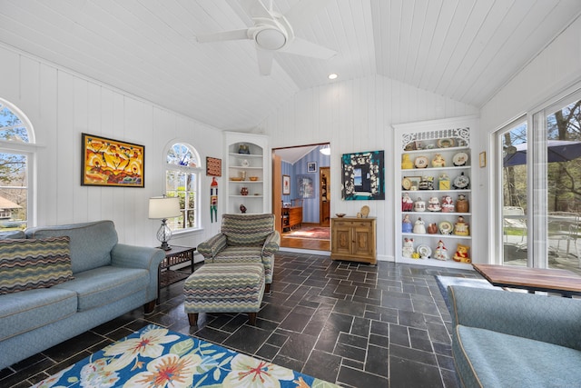 7 Partridge Ln, Burlington, CT 06013 - living room featuring lofted ceiling, healthy amount of natural light, a ceiling fan, built in features, and wood ceiling