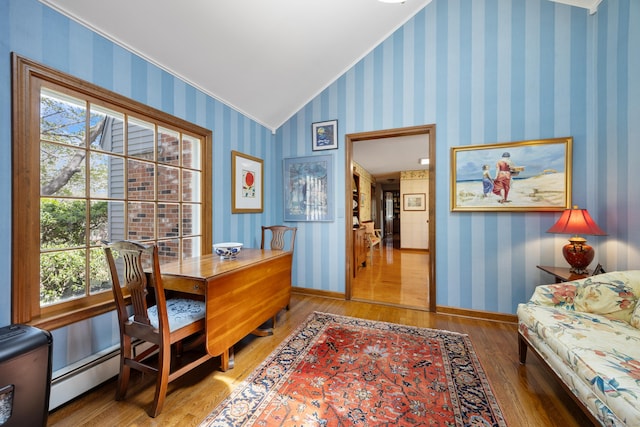 7 Partridge Ln, Burlington, CT 06013 - office with vaulted ceiling, crown molding, wood finished floors, a baseboard heating unit, and wallpapered walls