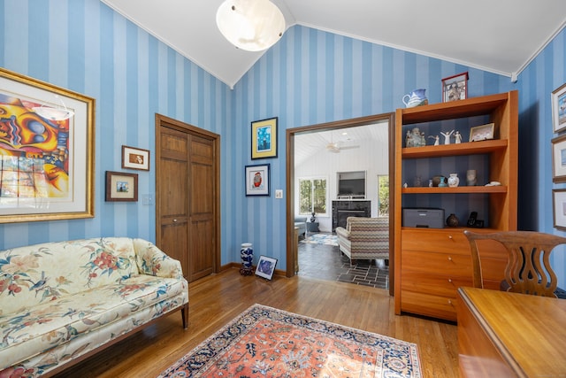 7 Partridge Ln, Burlington, CT 06013 - office area with lofted ceiling, wood finished floors, ornamental molding, and baseboards