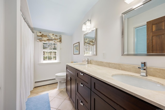 7 Partridge Ln, Burlington, CT 06013 - full bath featuring a baseboard radiator, toilet, tile patterned flooring, double vanity, and lofted ceiling