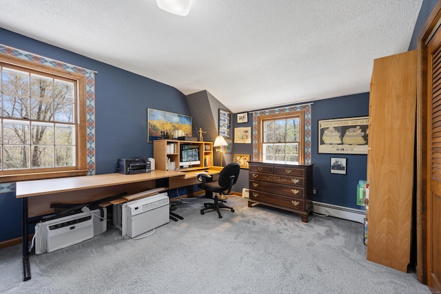 7 Partridge Ln, Burlington, CT 06013 - carpeted office with a baseboard heating unit, vaulted ceiling, a textured ceiling, and baseboards