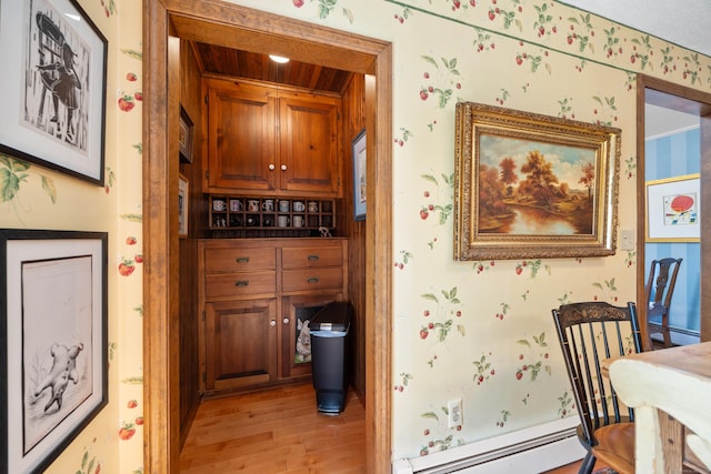7 Partridge Ln, Burlington, CT 06013 - dining space featuring a baseboard radiator, light wood-type flooring, and wallpapered walls