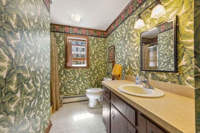 7 Partridge Ln, Burlington, CT 06013 - full bath with a baseboard heating unit, wallpapered walls, toilet, vanity, and a shower with curtain