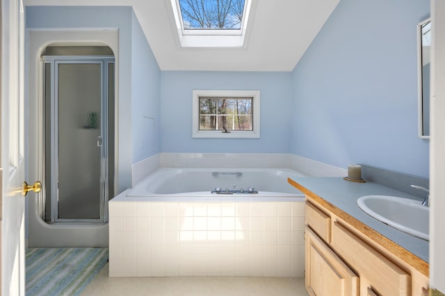 7 Partridge Ln, Burlington, CT 06013 - bathroom featuring a shower stall, a bath, vanity, and a skylight