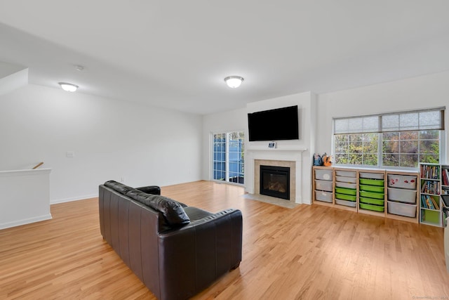 living room with light wood-style flooring, plenty of natural light, and a fireplace with flush hearth