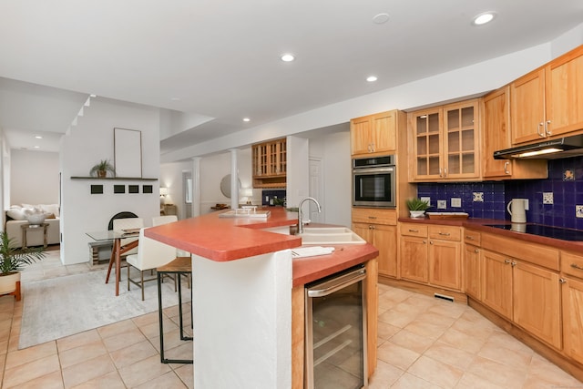 28 Drewbarrie Ln, Easton, CT 06612 - kitchen featuring a sink, oven, light tile patterned flooring, black electric stovetop, and wine cooler
