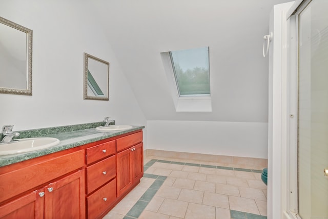 28 Drewbarrie Ln, Easton, CT 06612 - full bath featuring a sink, tile patterned flooring, a skylight, and double vanity