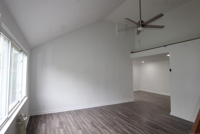 340 Robbins Ave, Newington, CT 06111 - empty room featuring ceiling fan, dark wood-style floors, baseboards, and high vaulted ceiling