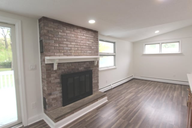 340 Robbins Ave, Newington, CT 06111 - unfurnished living room featuring a fireplace, baseboard heating, vaulted ceiling, dark wood-style floors, and recessed lighting