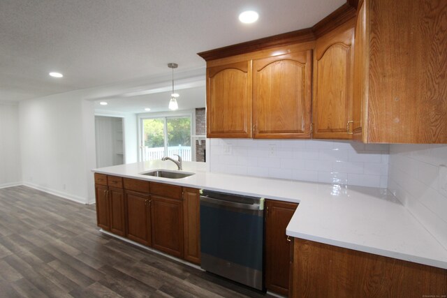 340 Robbins Ave, Newington, CT 06111 - kitchen featuring dark wood-style flooring, a sink, light countertops, tasteful backsplash, and stainless steel dishwasher