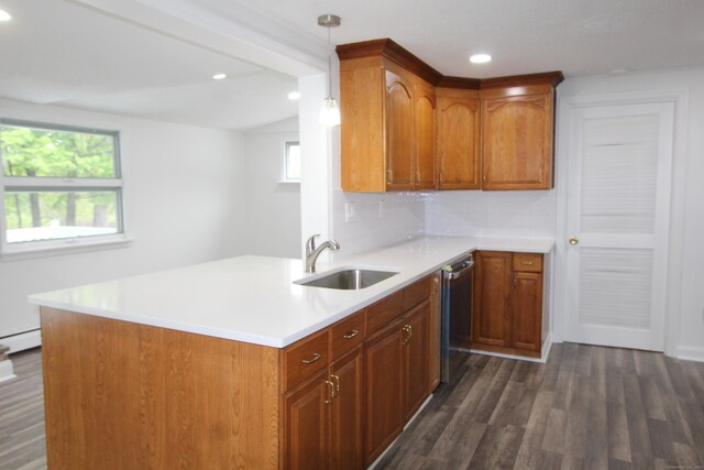 340 Robbins Ave, Newington, CT 06111 - kitchen with dark wood finished floors, a baseboard heating unit, a sink, and dishwasher