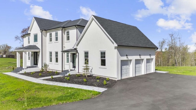 view of front of property featuring a garage, stucco siding, driveway, and a front yard
