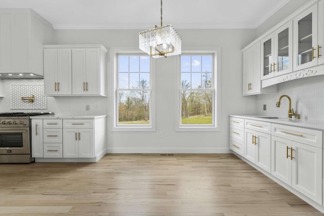 kitchen featuring stainless steel stove, a sink, white cabinetry, and tasteful backsplash