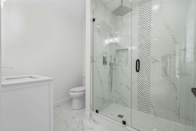 bathroom featuring toilet, a marble finish shower, marble finish floor, baseboards, and ornamental molding