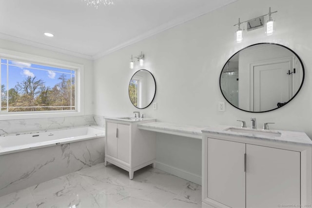 bathroom featuring a garden tub, crown molding, two vanities, a sink, and marble finish floor