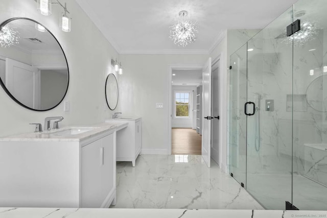 bathroom featuring two vanities, a sink, marble finish floor, a marble finish shower, and ornamental molding
