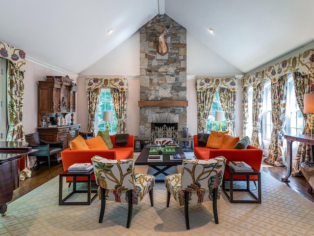 living area featuring wood finished floors, a fireplace, and high vaulted ceiling