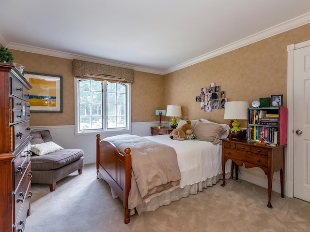 bedroom with light colored carpet and crown molding