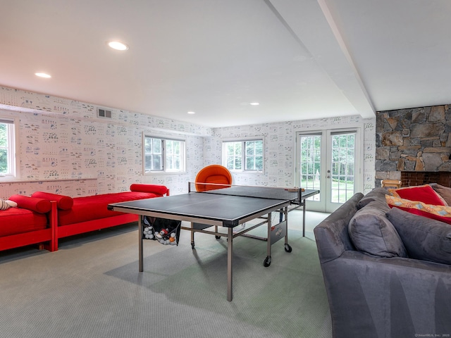 playroom with wallpapered walls, carpet, french doors, and recessed lighting