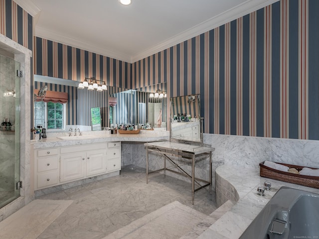 full bath featuring crown molding, a stall shower, vanity, wallpapered walls, and a tub