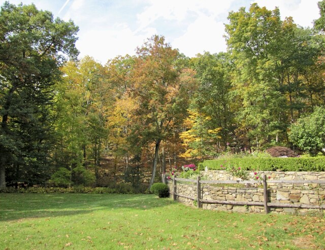 view of grassy yard with a forest view