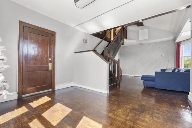 279 Oak St, New Britain, CT 06051 - entryway featuring wooden walls, hardwood / wood-style flooring, vaulted ceiling with beams, and stairs