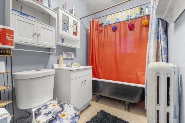279 Oak St, New Britain, CT 06051 - full bathroom with toilet, radiator heating unit, tile patterned flooring, and shower / bath combo with shower curtain