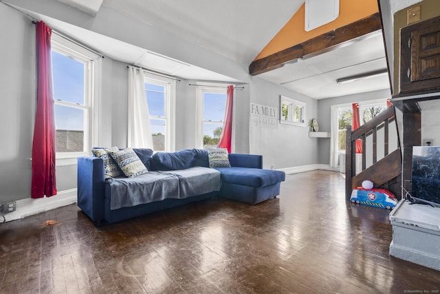 279 Oak St, New Britain, CT 06051 - living area featuring wood-type flooring, baseboards, lofted ceiling, and stairway