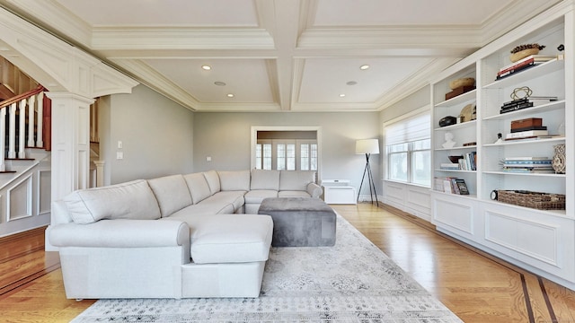 27 Dock Rd, Milford, CT 06460 - living room featuring crown molding, stairs, coffered ceiling, recessed lighting, and light wood-style flooring