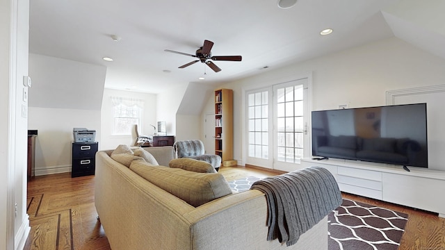 27 Dock Rd, Milford, CT 06460 - living room featuring a ceiling fan, baseboards, recessed lighting, wood finished floors, and vaulted ceiling