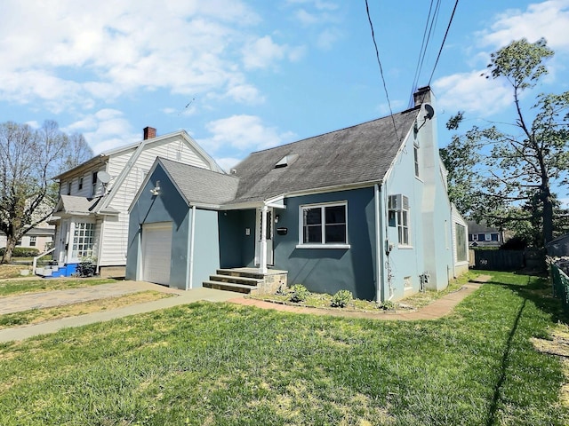 141 Arcadia Ave, Bridgeport, CT 06604 - view of front of home featuring fence, a garage, a front yard, a chimney, and driveway
