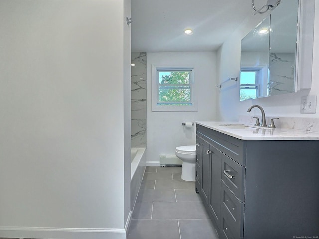 141 Arcadia Ave, Bridgeport, CT 06604 - bathroom featuring vanity, toilet, tile patterned floors, baseboards, and a baseboard heating unit