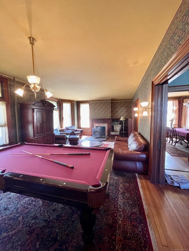playroom featuring billiards, hardwood / wood-style flooring, and wallpapered walls