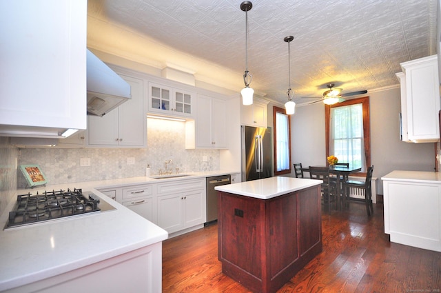 1123 Windsor Ave, Windsor, CT 06095 - kitchen featuring stainless steel appliances, a sink, range hood, a kitchen island, and a ceiling fan