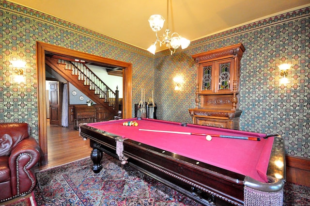 1123 Windsor Ave, Windsor, CT 06095 - game room with billiards table, wallpapered walls, a chandelier, and wood finished floors