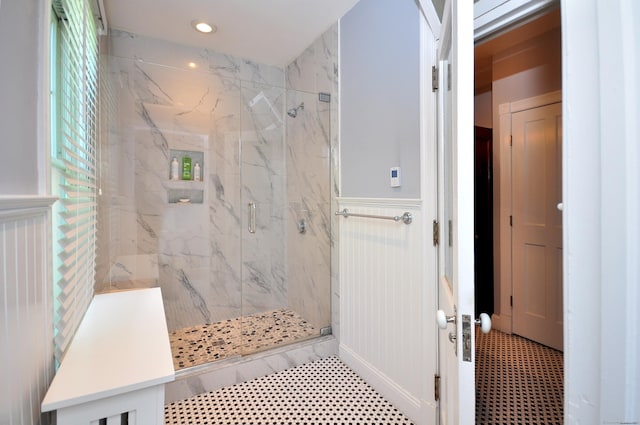 1123 Windsor Ave, Windsor, CT 06095 - full bathroom featuring a marble finish shower, tile patterned floors, recessed lighting, and wainscoting