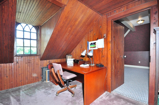 1123 Windsor Ave, Windsor, CT 06095 - carpeted office with vaulted ceiling, wooden walls, radiator, and wooden ceiling