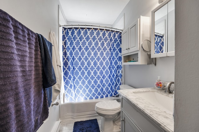 bathroom with toilet, tile patterned floors, vanity, and shower / bathtub combination with curtain