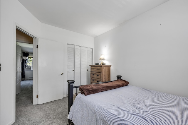 bedroom with carpet flooring and a closet