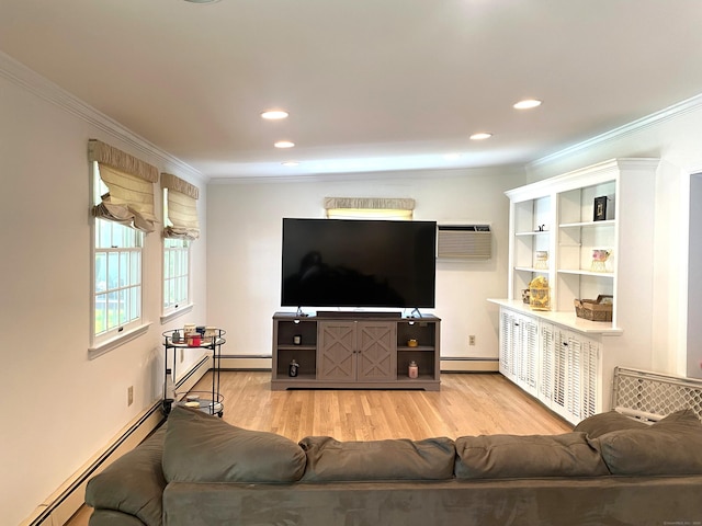 62 Wood Ridge Dr, Stamford, CT 06905 - living room featuring a baseboard radiator, light wood finished floors, a wall mounted air conditioner, and ornamental molding