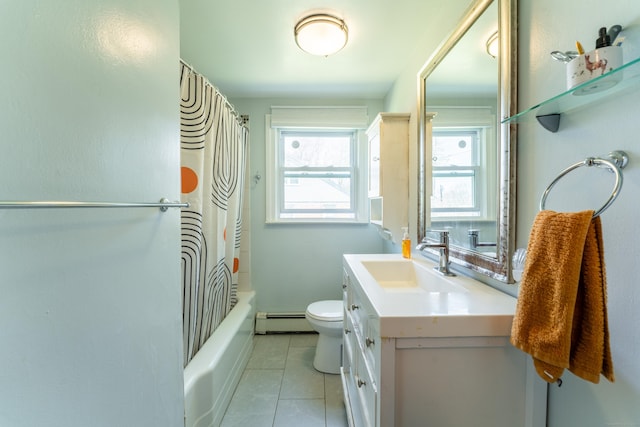 23 Strosberg Rd, Waterford, CT 06385 - full bath with tile patterned flooring, vanity, a baseboard radiator, toilet, and shower / tub combo with curtain